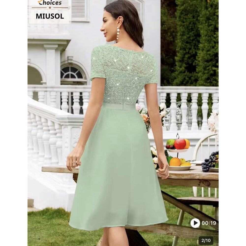 MIUSOL Green Lace Sequin V-Neck Short Sleeve A-Line Knee Dress Size XL - Picture 3 of 5